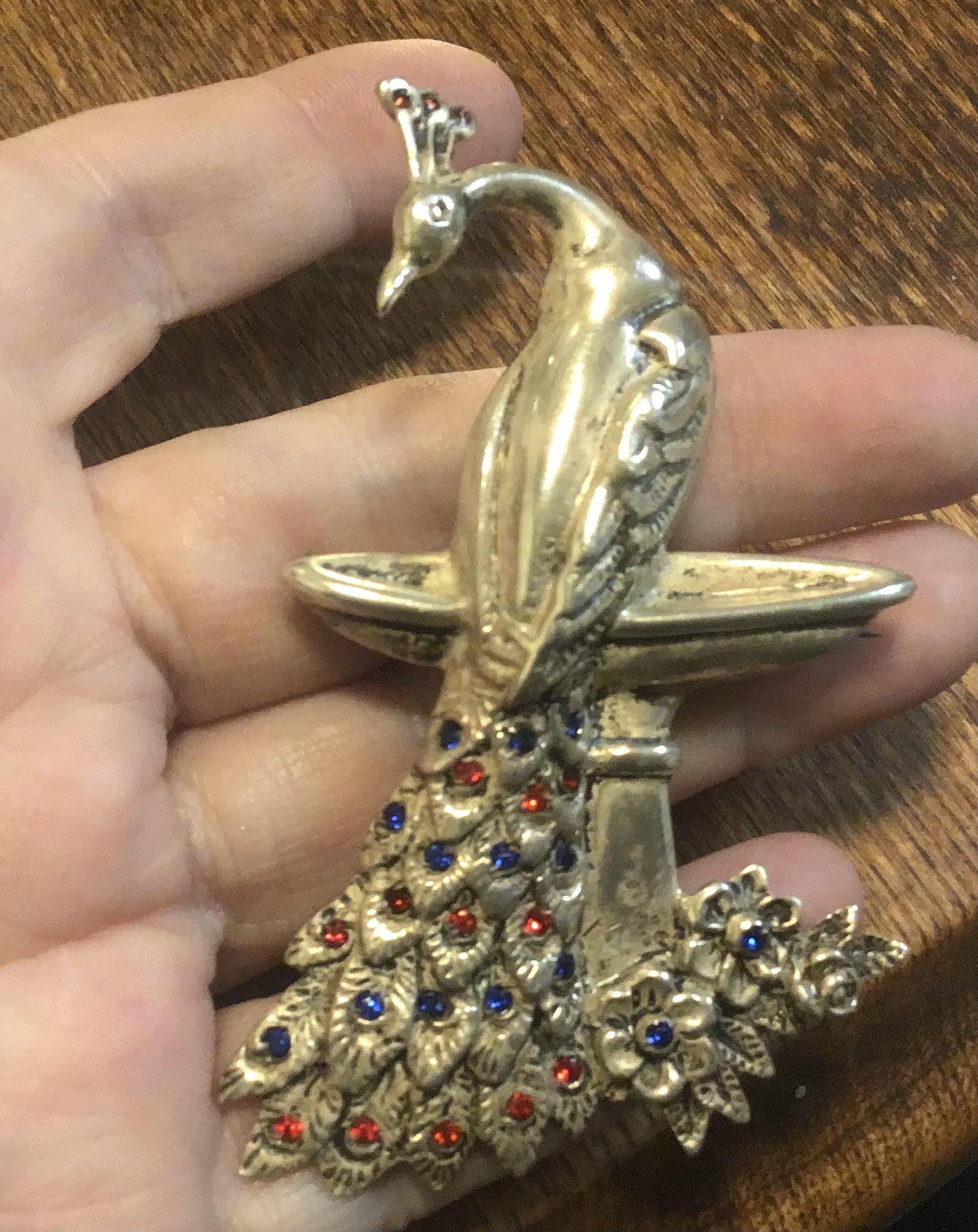 Sterling Silver THEDA Peacock Pin Brooch Blue Red Rhinestones 1940s Vintage