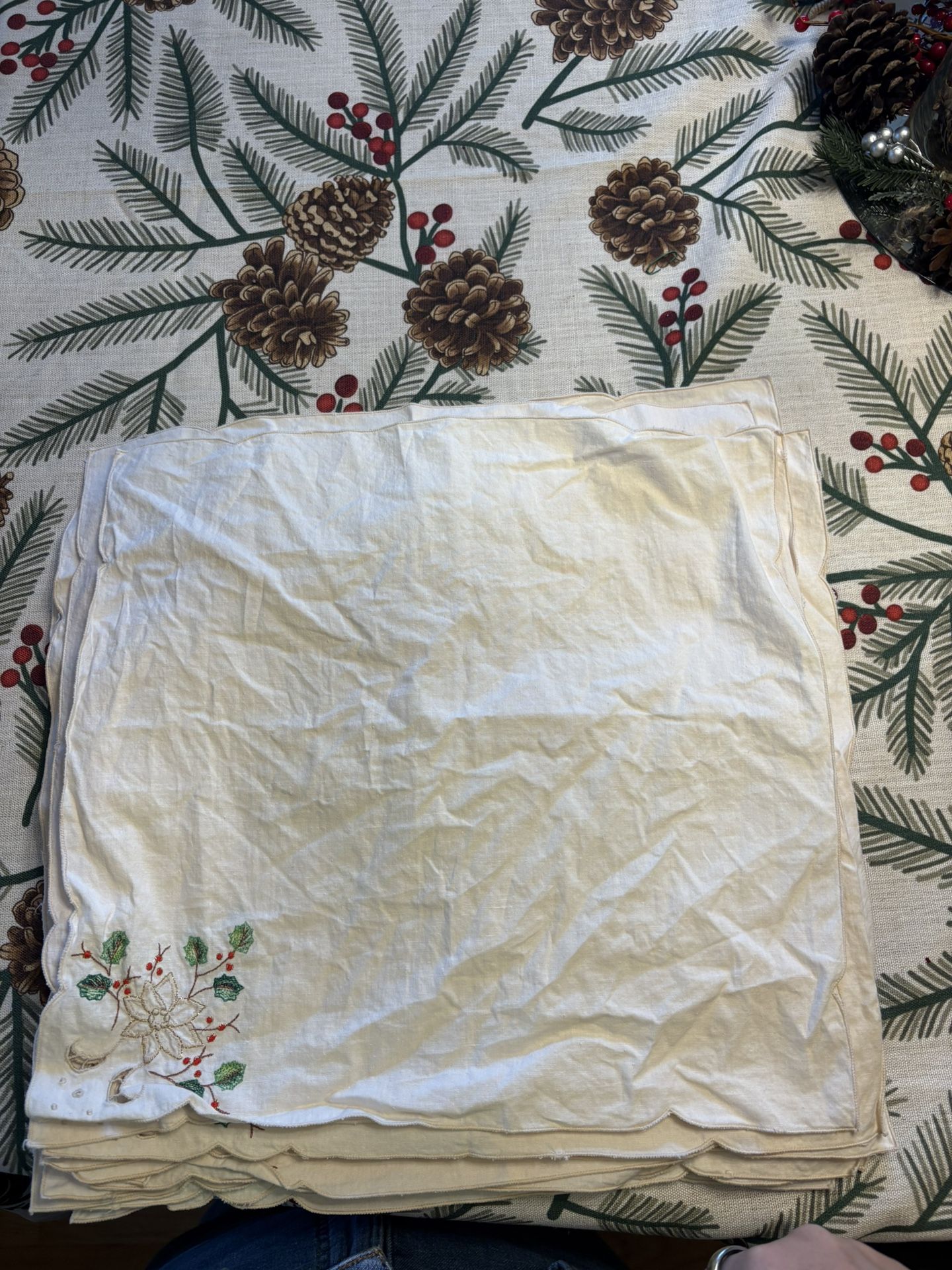 vintage Christmas embroidered napkins And Table Clothwith a holly and poinsettia design