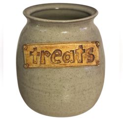 80’s Handmade Large Taupe Pottery Stoneware ‘Treats’ Jar Signed