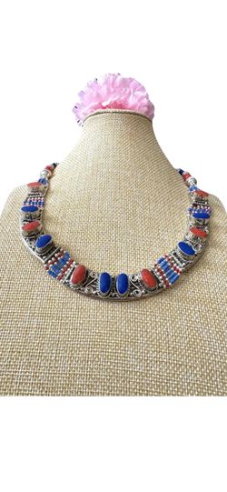 Elegant & Handcrafted Ethnic Tribal Necklace Inlay Stones Set In Silver 18”in & 126grams
