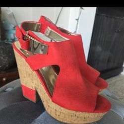 Fire Engine Red Wedge Sandals -  Size 7.5