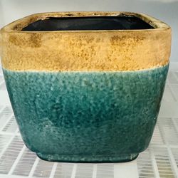 Vintage Stoneware Pottery Square Planter Blue with Beige Tan Band Flower Pot