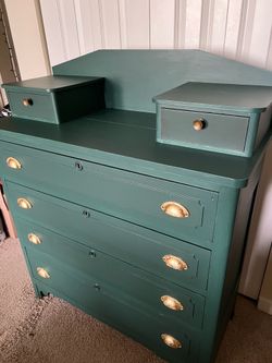 MUST GO BY SUNDAY! Stunning Custom Emerald Green & Gold Leaf Dresser - Mid Century Vintage