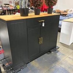 Newly Assembled Farmhouse Kitchen Island with Spice Rack Adjustable Shelves & Trash Cabinet