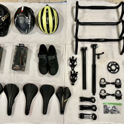 Bike Parts Bin Clean Out Bicycle Helmets Handlebarse Stems Pedals Seatpost Saddles Cages Tires