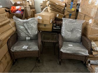 New PARKWELL 3-Piece Wicker Rocking Chair with Side Table and Cushions - Outdoor Patio Bistro Set - Brown Wicker, Beige