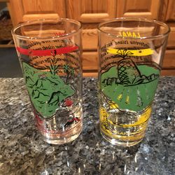 Lot of 2,Hawaiian Islands Souvenir Tumbler Glasses.  Size 5 1/2, inches tall. Cone from the Island of Hawaii and One From the Island of Lanai.  Brand 