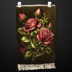 Persian Pictorial Rug Hand Knotted Silk 3-D Roses 24”x16” 240KPSI w/Rug Hangers