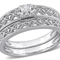 Amour Sterling Silver 1/10CT TDW Vintage Diamond Bridal Set