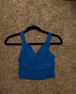 debut Bright Blue Ribbed V-Wrap Cropped Tank