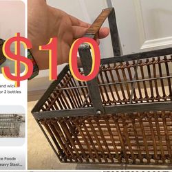 $10 Metal and Bamboo wicker caddy Basket / Bottle holder condiment holder etc