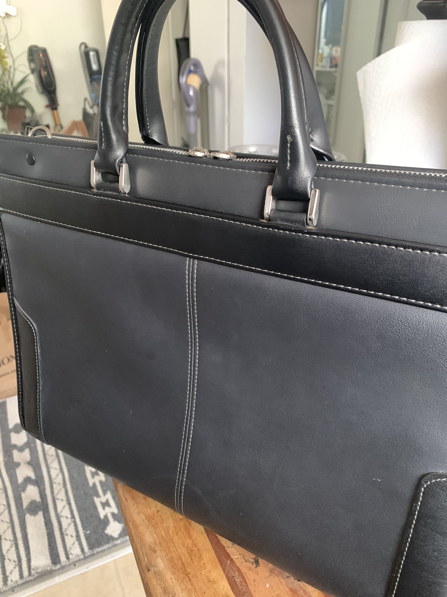 Black Leather Briefcase With Shoulder Strap By CAMUS CRAFT. JAPAN