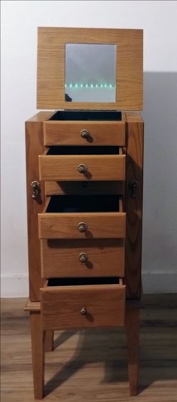 Standing Oak Wood Jewelry Armoire Cabinet with Flip-Top Vanity Mirror