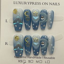 Handmade Reusable Press On Nails Blue Mermaid Moon Decor - SMALL