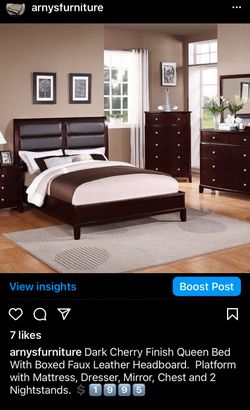 Burgandy Color Queen Bedroom Complete Set.. Bed, Mattress, Boxspring, Chest, Nightstands, Dresser