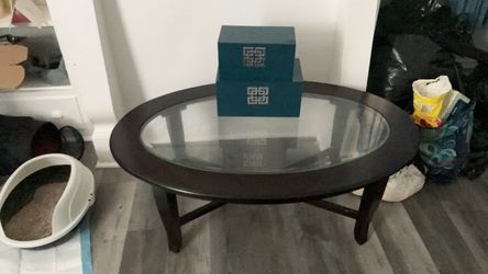 Oval Wood and Glass Coffee Table with side tables
