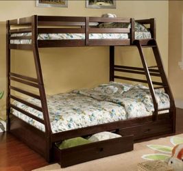 Brand New Espresso Twin over Full Bunk Bed w Trundle Drawers