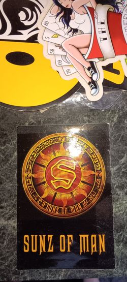 vintage sticker for Sunz of Man, the prominent Wu-Tang Clan affiliate hip-hop group.Displays the group's classic fiery sun logo with the stylized "S" 
