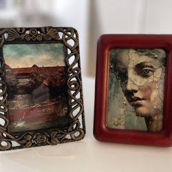 Vintage 2-Piece Framed Art Set - Cracked Fresco Portrait + Rustic Port Scene 4x6 Prints
