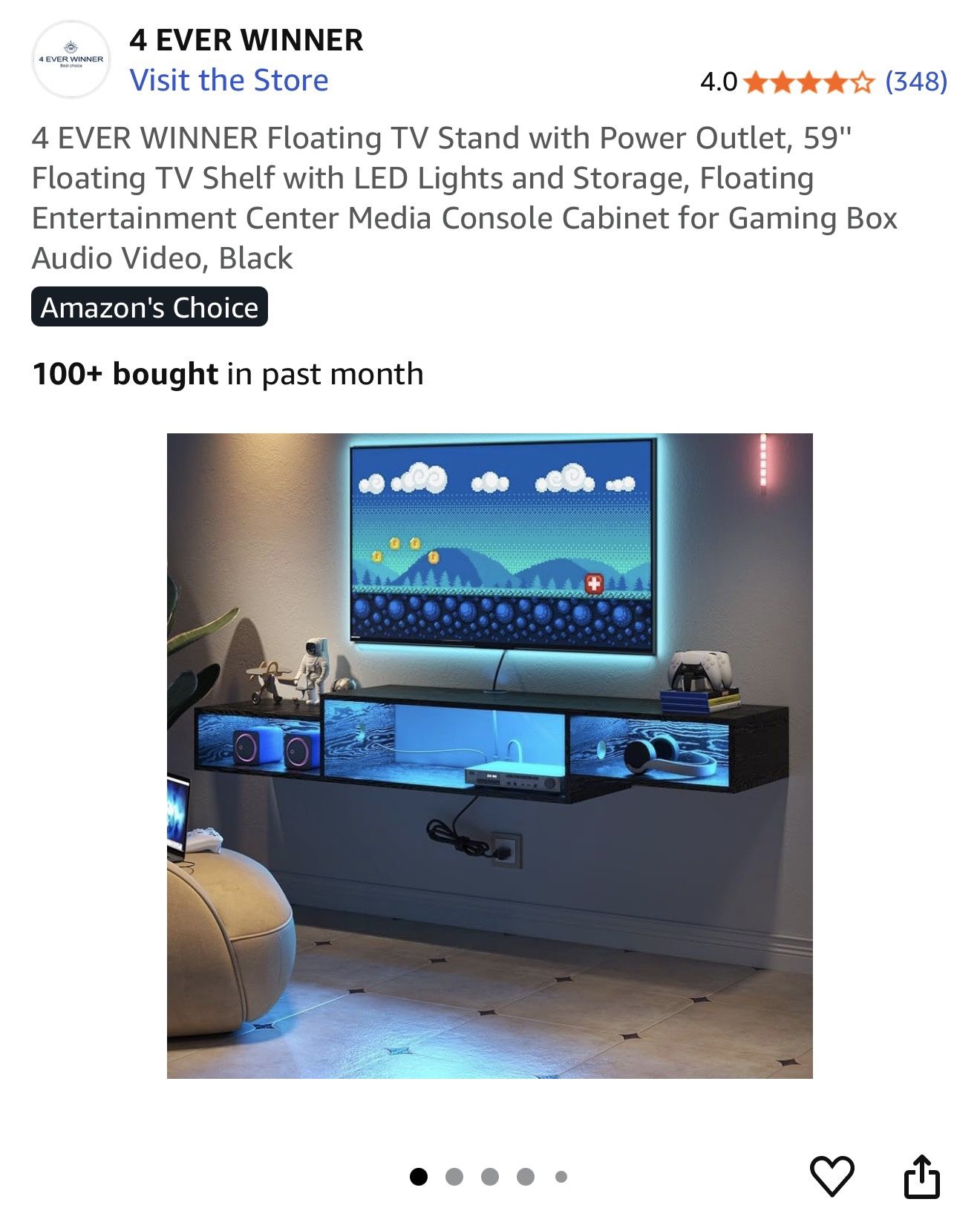 Floating TV Stand with Power Outlet, 59" Floating TV Shelf with LED Lights and Storage