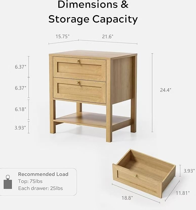 🥨Modern Nightstand with Drawers, Large Farmhouse Wood Bedside Table with Open Shelf, 22" Wide Tall End Table for Sofa, Bedroom, Living Room