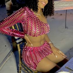 Pink - Two Piece Set - Mesh Skirt/Long Sleeve Crop Top - Medium 