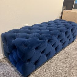 Blue Velvet Diamond Tuck 4 Ft Long Bench