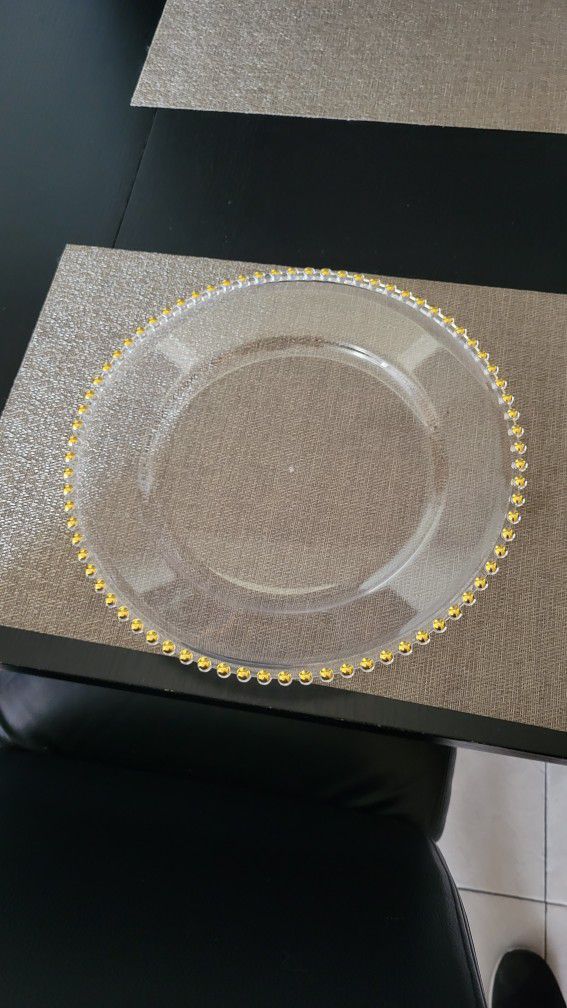 13" Clear Charger Plates - Plastic Gold Beaded Rim