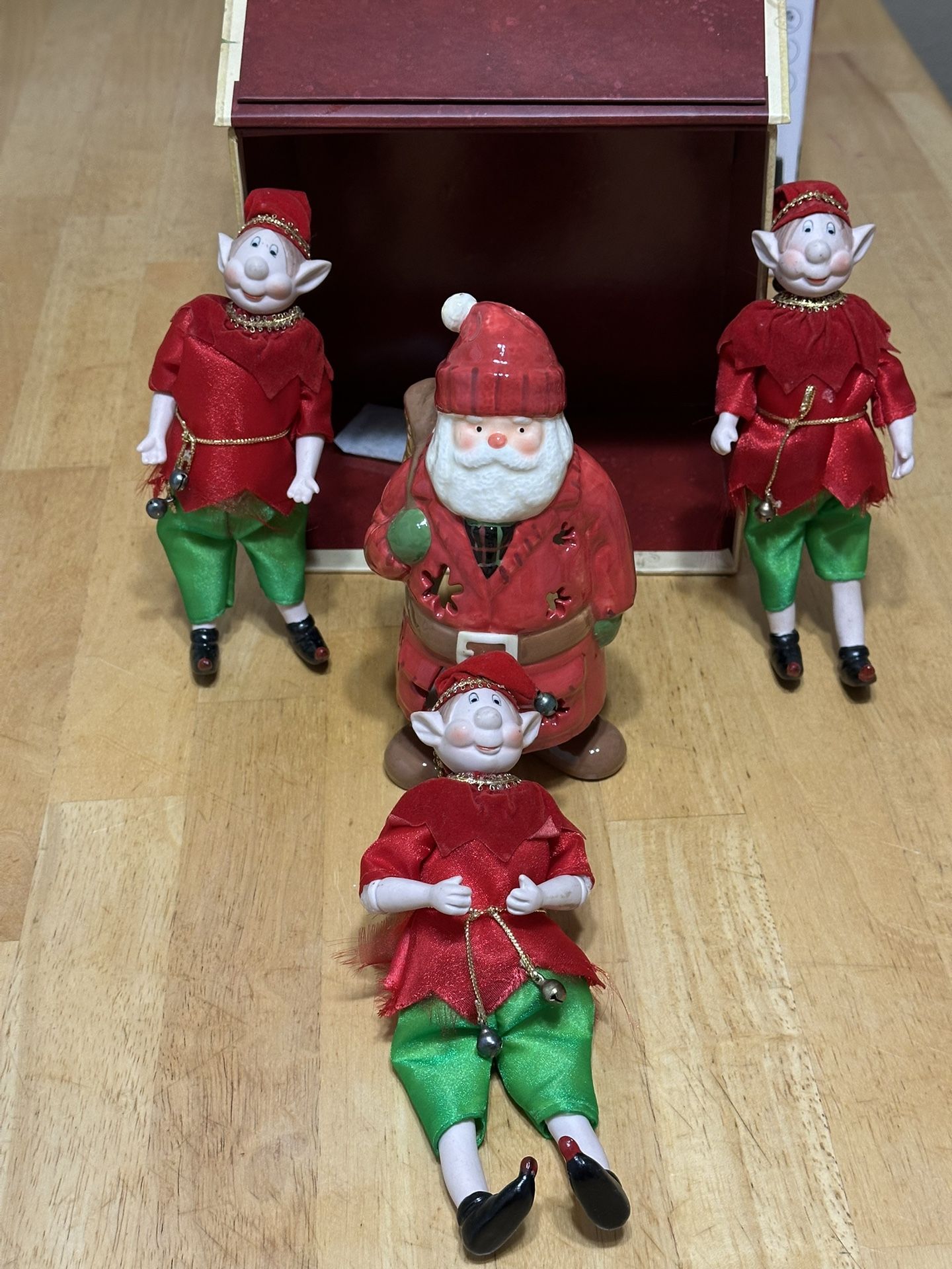 Vintage Christmas Elf & Santa Figurine Set – 5 Pieces with Gift Box