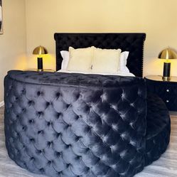 Luxury Black Velvet Queen Bedroom Set w/ TV Lift Bed + LED Fireplace – FULL SET