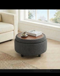 Round Storage Ottoman, Multi-Functional Footrest and Coffee Table with Reversible Tray Lid, Dark Grey