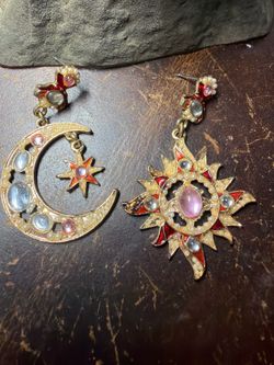 Celestial Sun & Moon Dangle Earrings Gold Tone Red Enamel Statement Jewelry