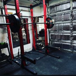 ETHOS Squat Rack Complete With Weights And Cart And Two Barbells