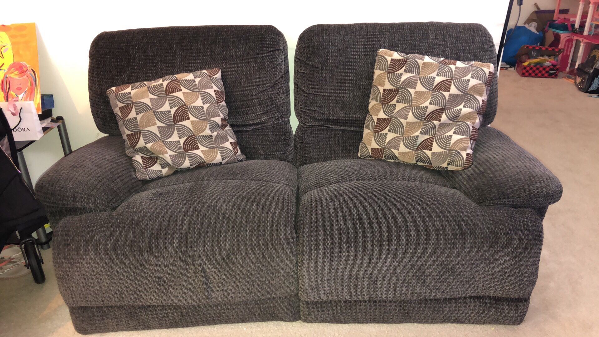 Gently used fabric automatic reclining couches. Sold together or separate.