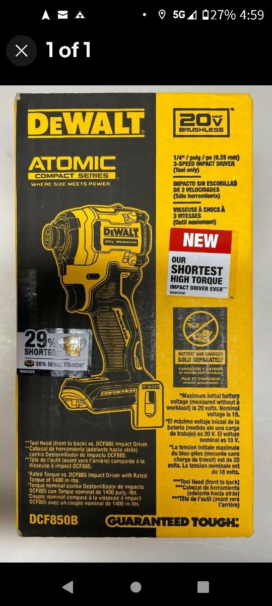 DeWalt 20v Atomic 1/4" Impact Drill -Tool Only - DCF850B - New Unopened