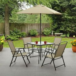 Complete Outdoor Dining Set with Umbrella, Tan