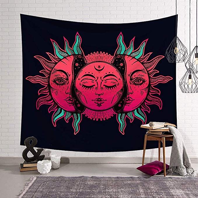 Hanging Sun and Moon Many Fractal Faces Psychedelic Small Wall Tapestry with Art Chakra Home Decorations for Bedroom Dorm Decor Living Room