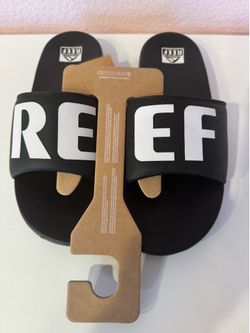 Reef Slide Sandals Black White Logo size 9 US men’s.