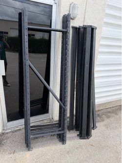 Teardrop Pallet Rack Setup! Uprights 6.5’ Tall 2’ Deep, 74.5” Cross Beams. Needs plywood or metal racks, not included. Price is for all