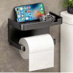 Toilet Paper Holder with Phone Shelf, Self Adhesive Toilet Paper Holder with Phone Shelf, Wall Mounted Toilet Paper Roll Holder for Bathroom-Matte Bla