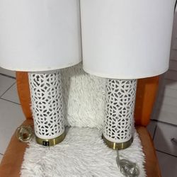 Pair of White Ceramic Lattice Table Lamps