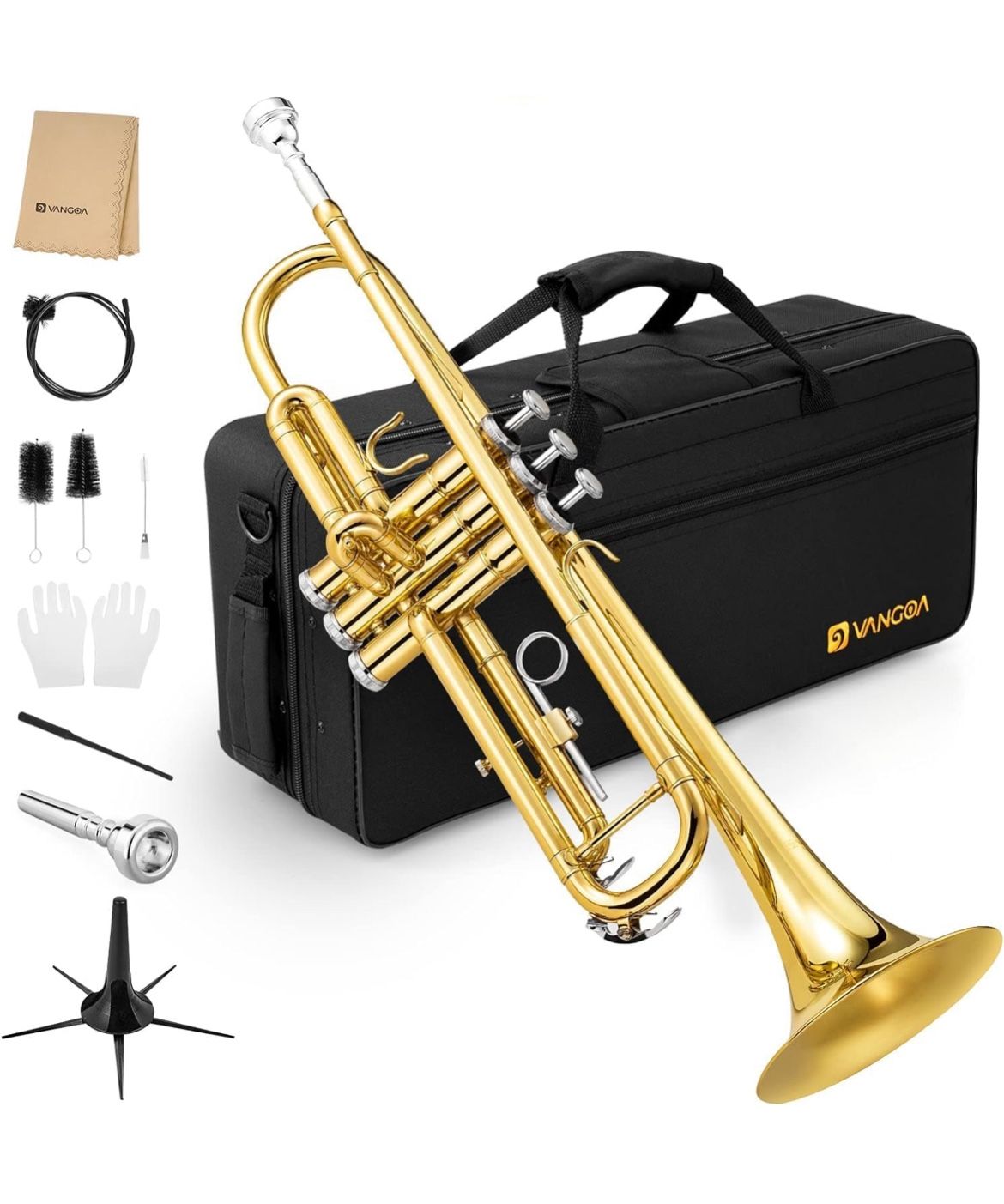 NEW Vangoa Bb Trumpet Brass Gold Trumpet Instrument for Student School Band Orchestra Adult Kid Beginner with Hard Case, Stand, Cleaning Kit, Whi