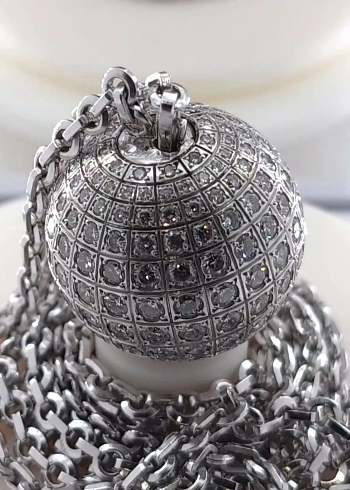 CARTIER 18K White Gold Diamond Disco Ball Pendant Necklace 32” Cable Link