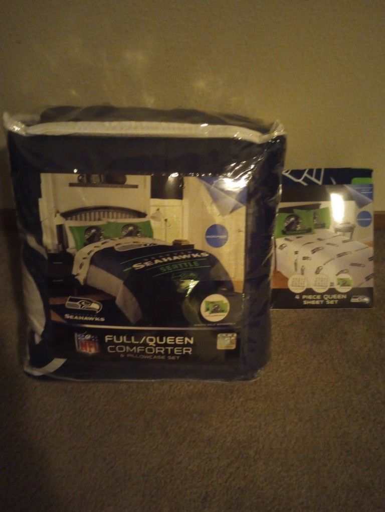Brand New Queen Seahawk Comforter Set And New Sheets Set Plus Extra Brand New Thow Blanket