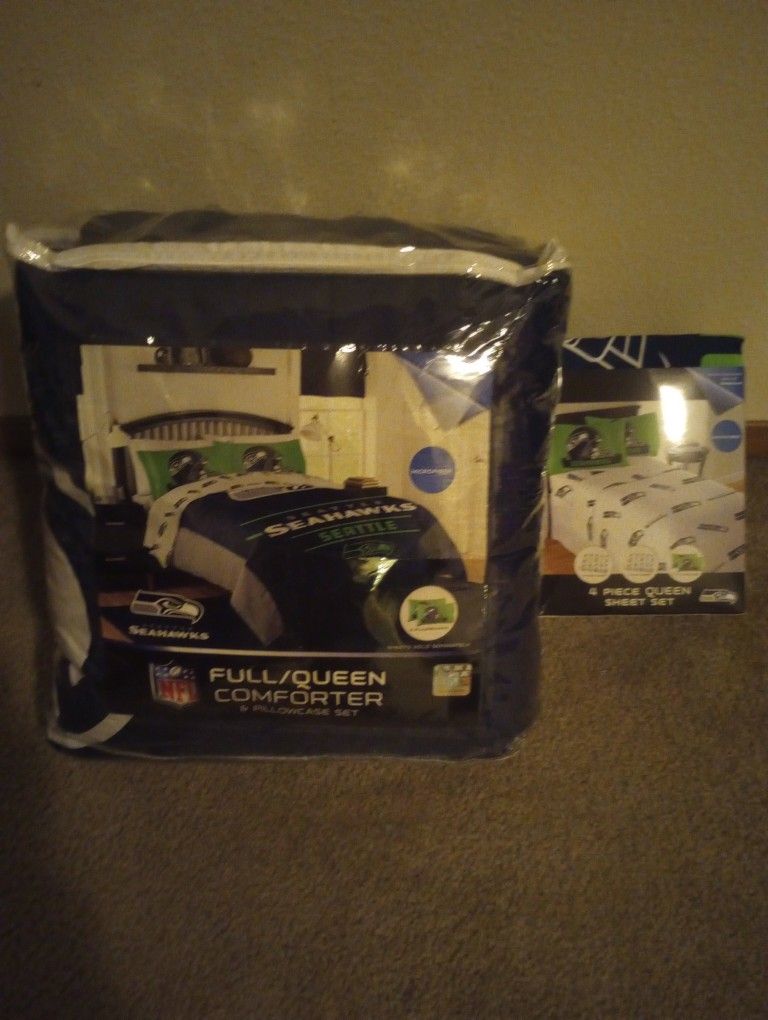 Brand New Queen Seahawk Comforter Set  And New Sheets Set Plus Extra Brand New Thow Blanket