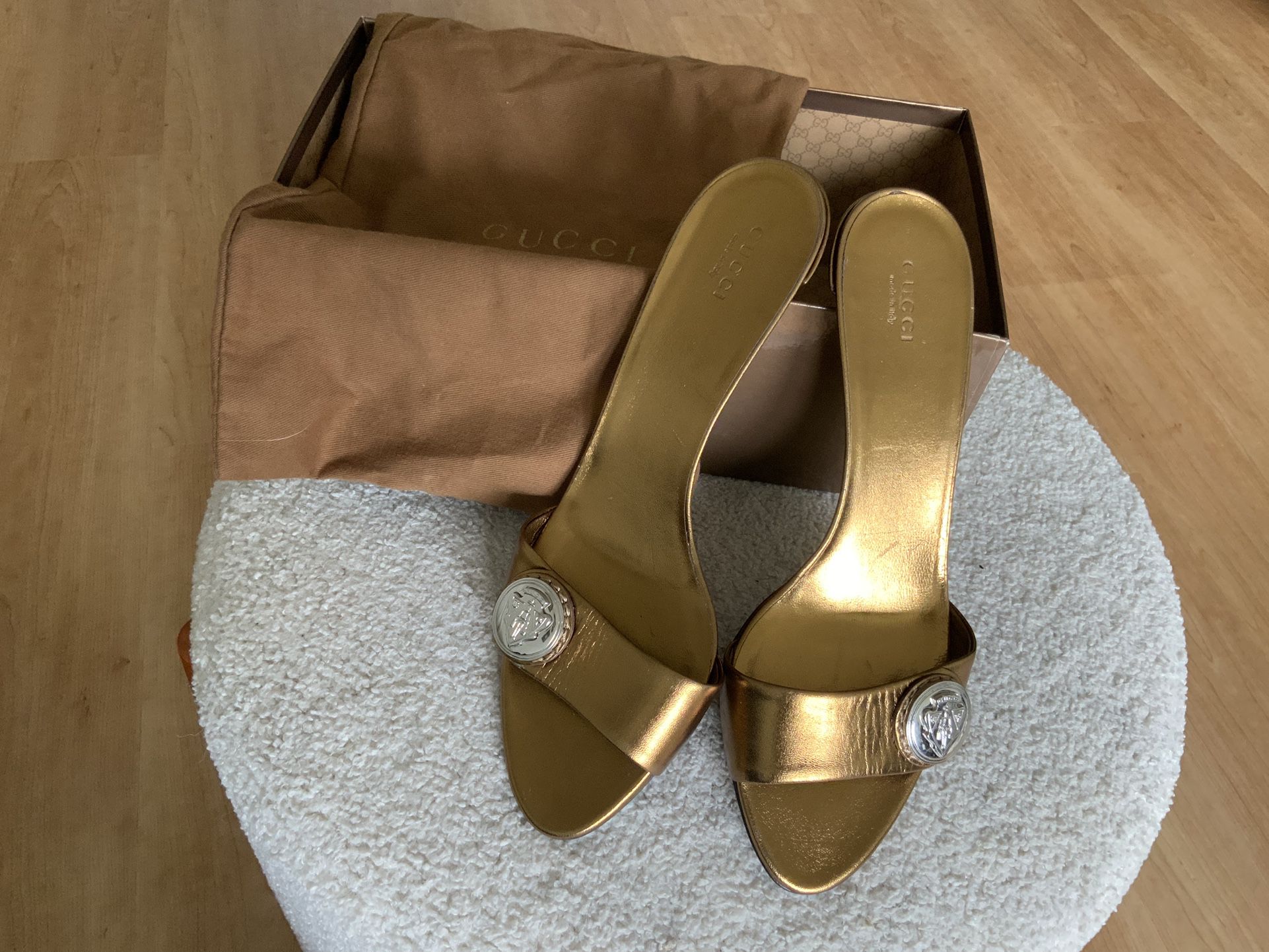 Gucci Rare Napa Silk Oreo Rutino Cup Bronze Slide Sandal NIB W/ Bag Sz 39.5/9.5
