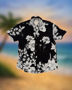 VSTR Men’s Size XL Black White Floral Hawaiian Button-Up Shirt Short Sleeve