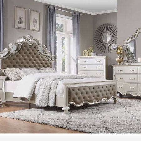 Ever Champagne Mirrored Upholstered Panel Bedroom Set ( Queen, king, twin, full bedroom set - bed frame- tall dresser, nightstand and chest, mattress 