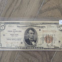 1929 $5 THE FEDERAL RESERVE BANK OF NEW YORK NY BANK NOTE 