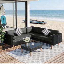 New-4 Pcs Outdoor Wicker Patio Furniture Sets for 5, L- Shape All-Weather PE Sectional Conversation Set Glass Top Tea Table and Pillows, Poolside Balc